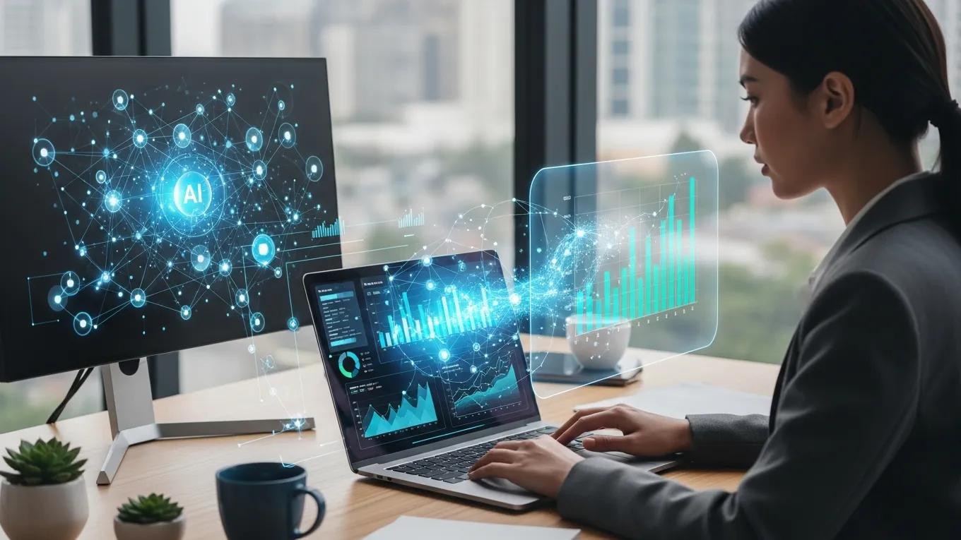 Digital marketing professional analyzing data with AI technology in a modern office