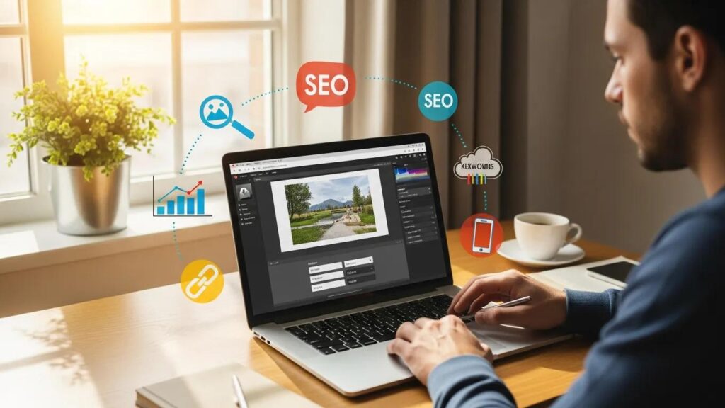 Digital marketing professional optimizing images for SEO with a laptop and colorful graphics