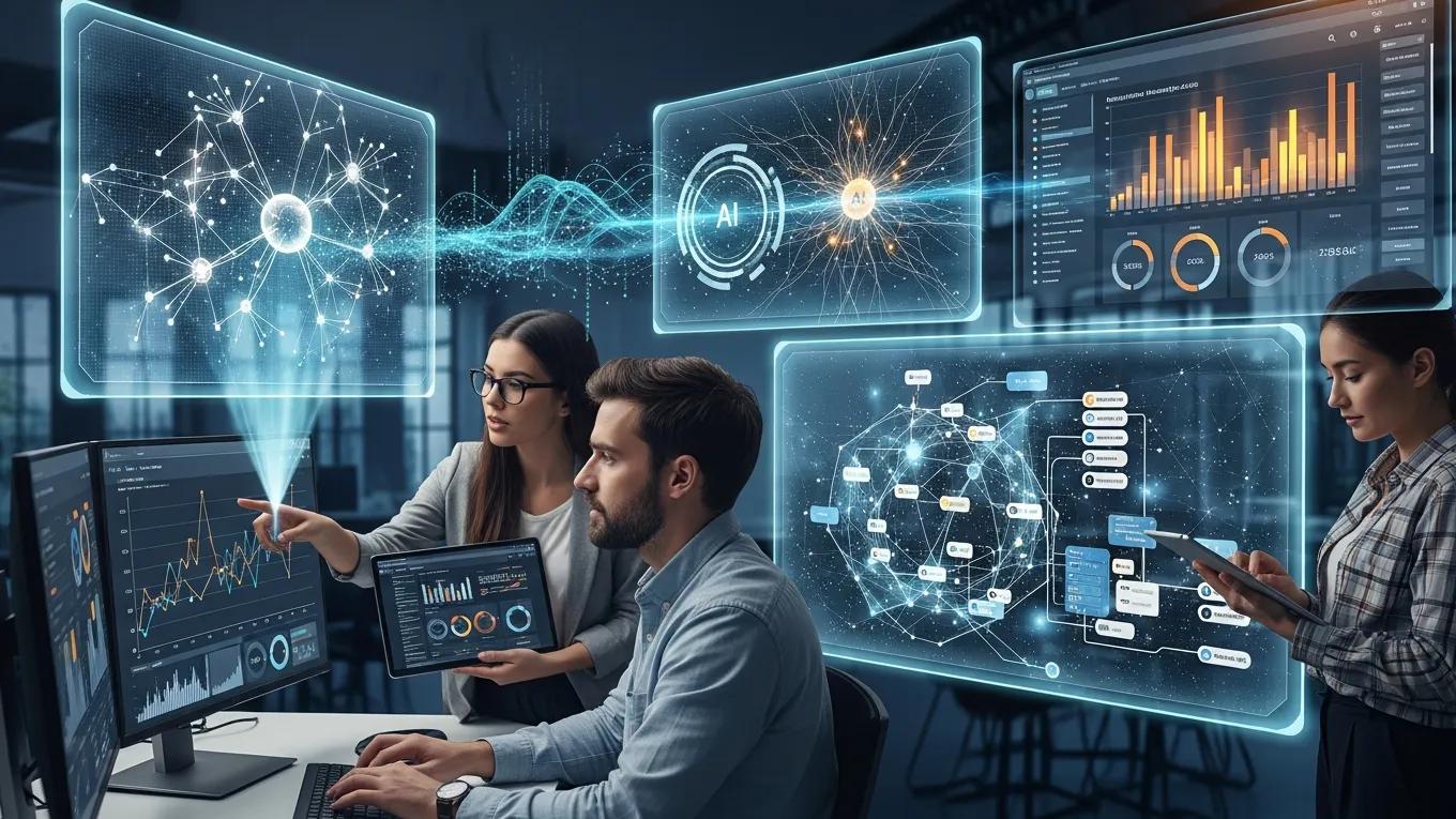Digital marketing team utilizing AI technology for revenue operations analysis