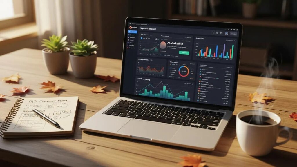 Digital workspace with AI keyword research tools on a laptop, notepad, and coffee cup
