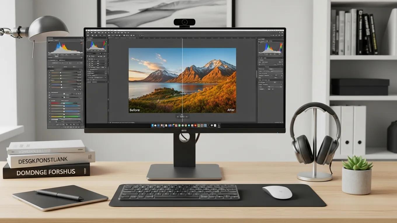 Digital workspace with image editing software, illustrating image optimization techniques for mobile speed