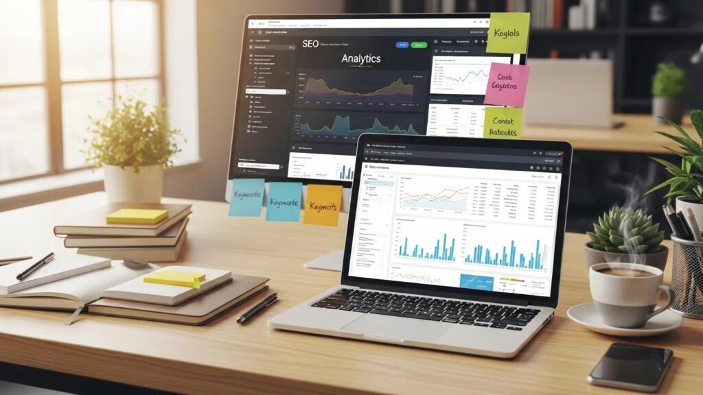 Digital workspace with laptop showing SEO analytics and notes, representing content audit strategies