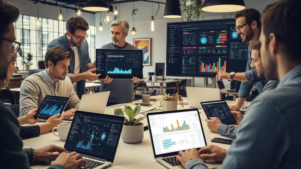 Diverse individuals engaging with technology in a modern workspace, illustrating user behavior analytics