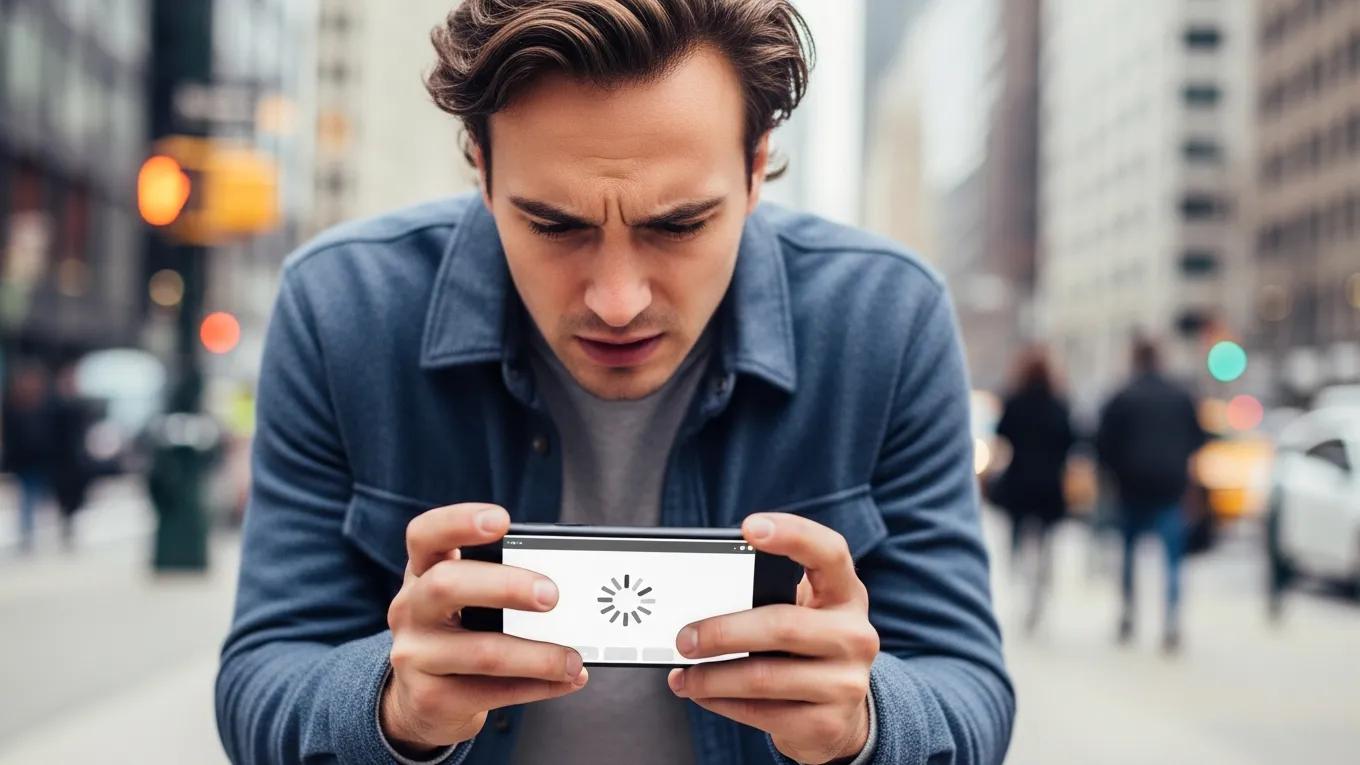 Frustrated user waiting for a mobile webpage to load, illustrating the impact of mobile page speed on engagement