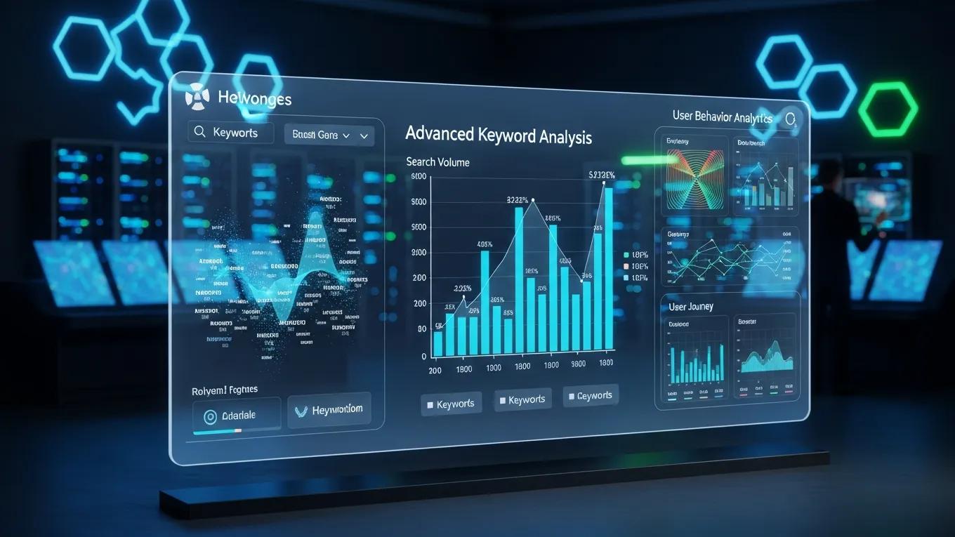 Futuristic AI interface displaying keyword analysis metrics and user behavior analytics