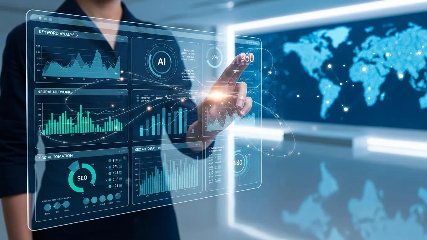 Futuristic AI interface for keyword analysis in a high-tech environment