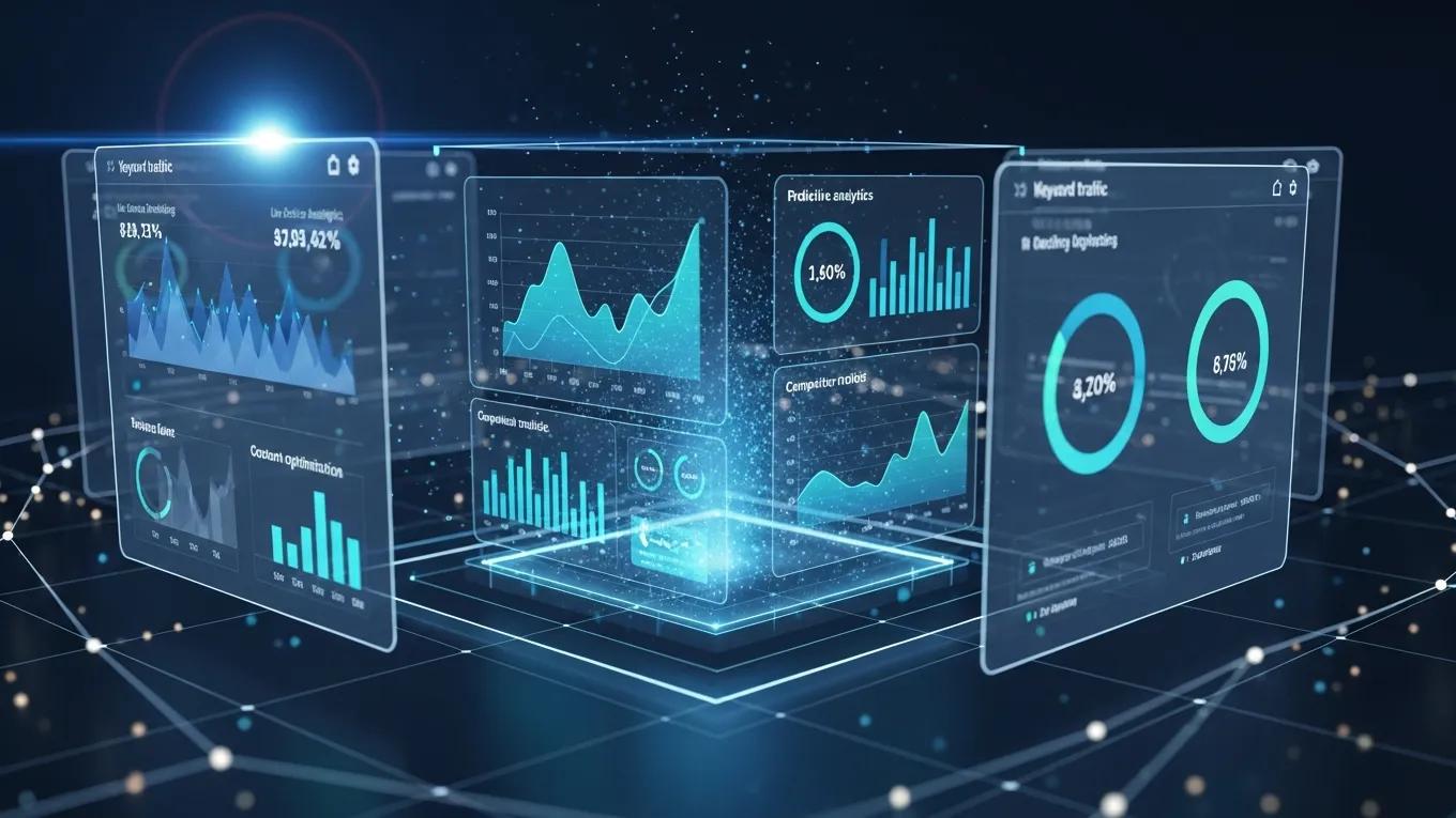 Futuristic AI interface with data visualizations representing SEO automation