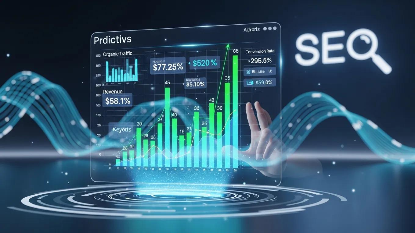 Futuristic digital interface showing predictive analytics for SEO revenue