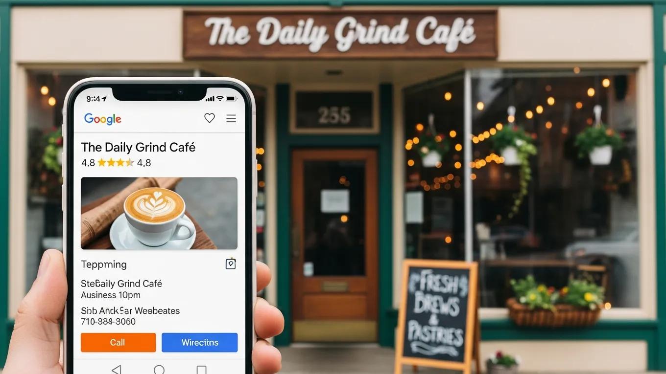 Google My Business listing displayed on a smartphone in front of a local store