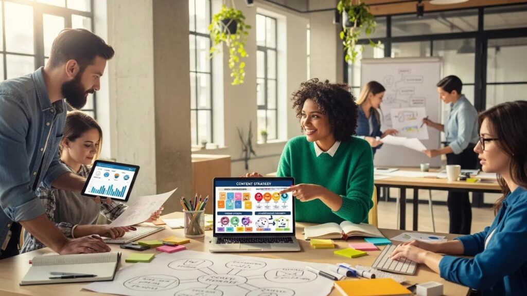 Group of diverse professionals collaborating on SEO content strategy in a modern office