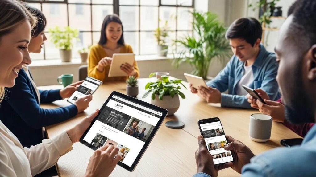 Group of people using mobile devices in a modern workspace, highlighting responsive design