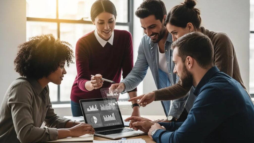Group of professionals collaborating on SEO strategies in a modern office