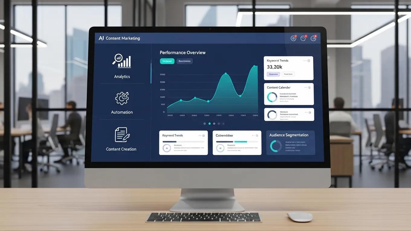 Illustration of AI content marketing tools enhancing SEO success in a modern office