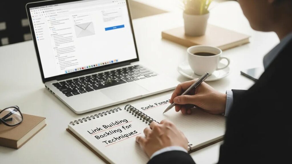 Marketer engaging in outreach strategies for backlinks with a laptop and notepad