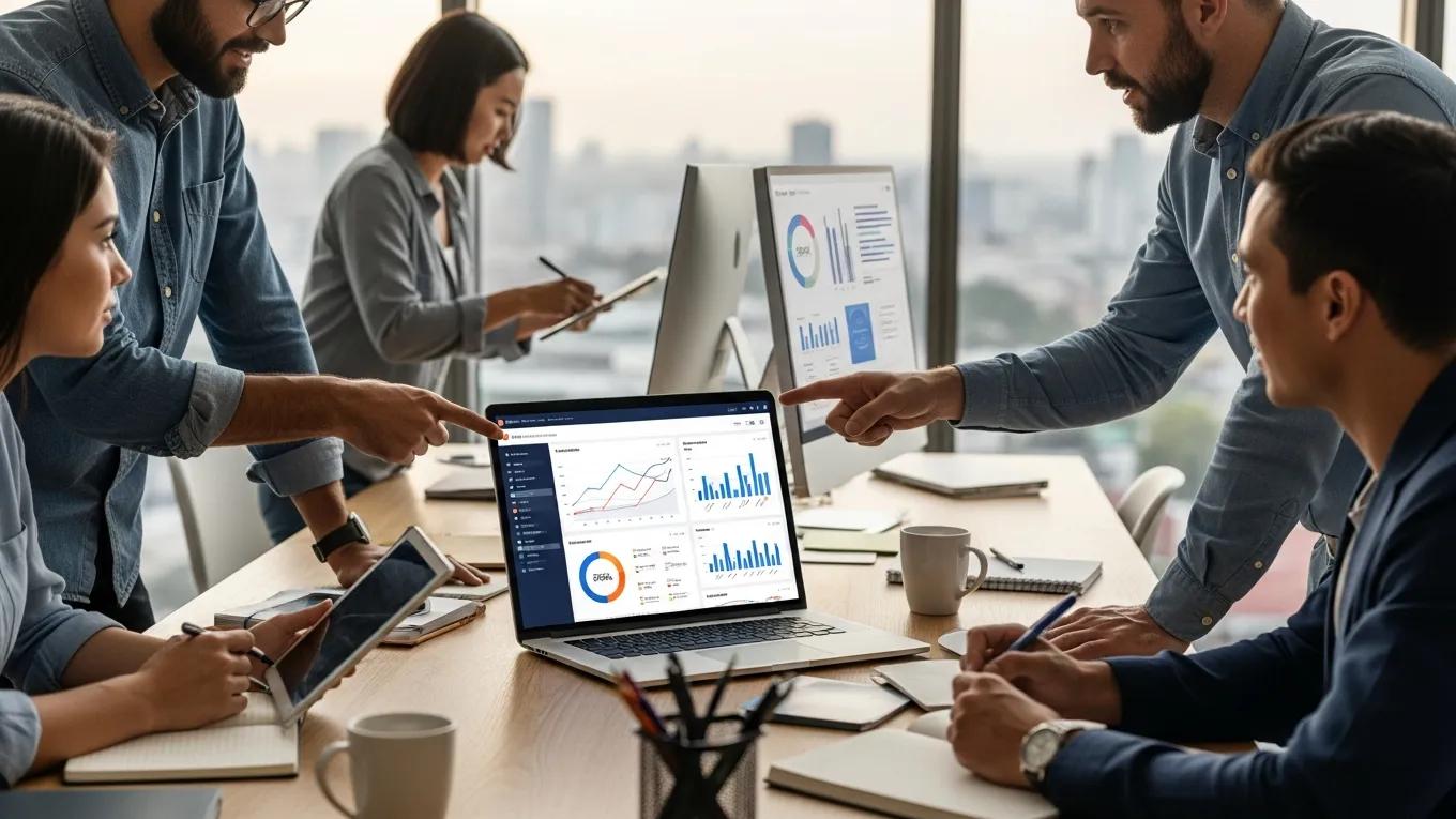 Marketing automation dashboard with professionals analyzing data to enhance sales performance