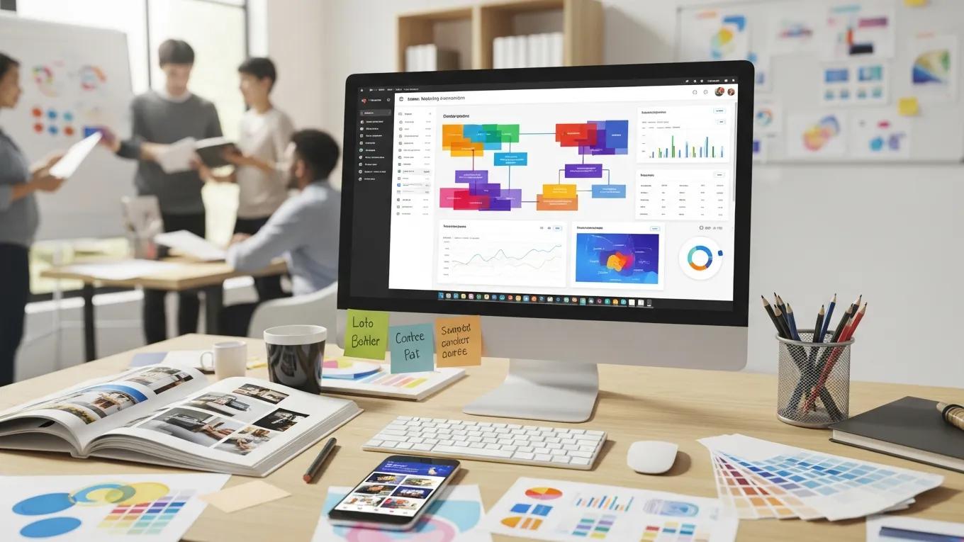 Marketing automation platform interface with marketing materials in a busy office