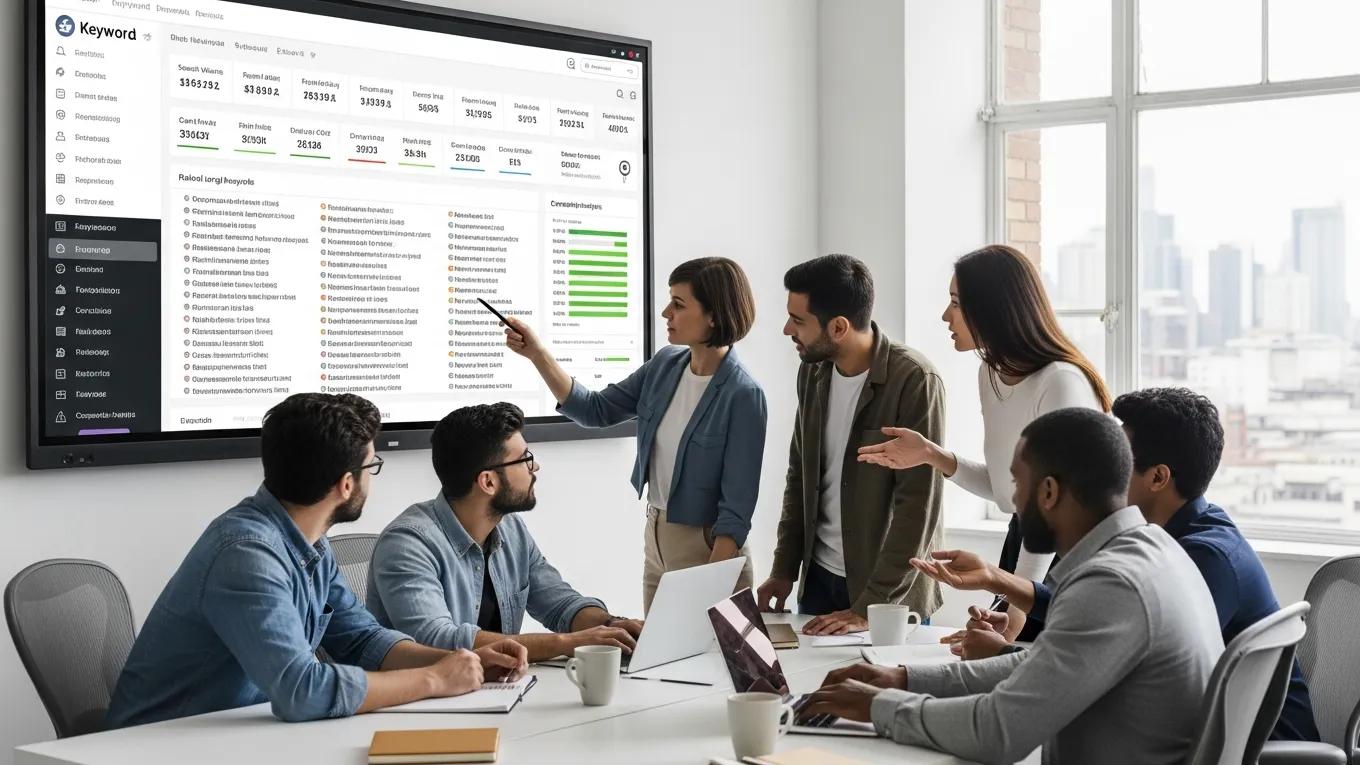 Marketing professionals collaborating over keyword research tools and competitor analysis data in a modern office