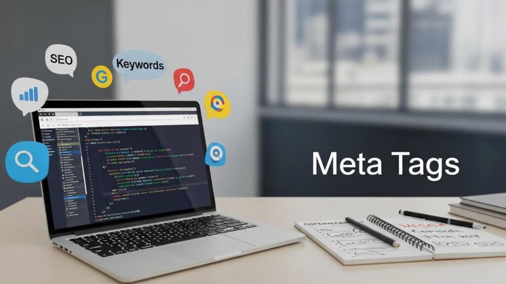 Modern workspace with a laptop showing HTML code and SEO elements, emphasizing the importance of meta tags in search optimization