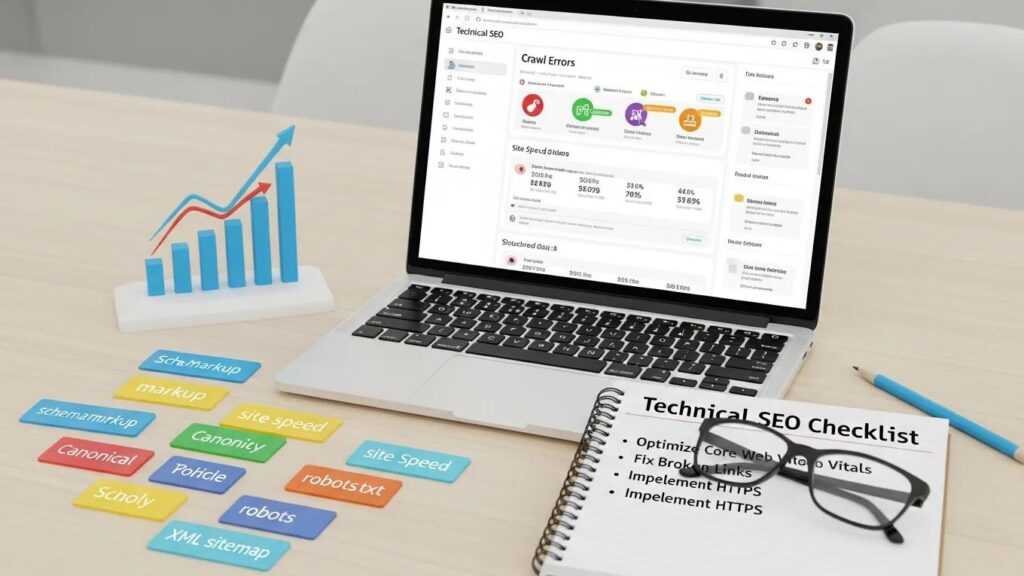 Modern workspace with a laptop showing SEO tools, emphasizing technical SEO concepts
