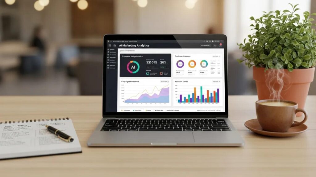 Modern workspace with AI marketing analytics on a laptop, showcasing digital PR strategies