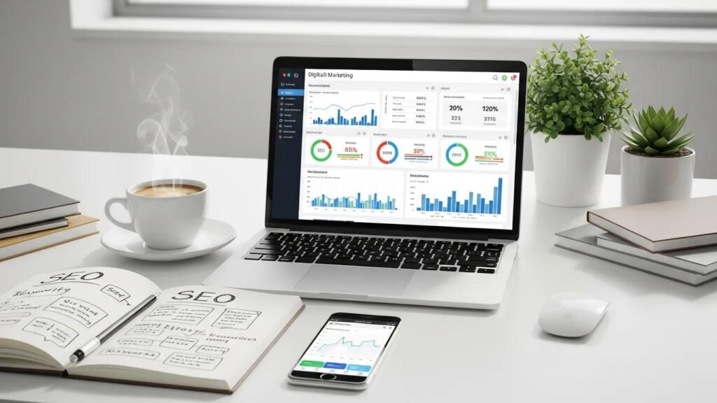 Modern workspace with laptop and SEO tools illustrating digital marketing strategies