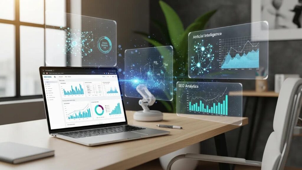 Modern workspace with laptop showing SEO analytics and AI elements