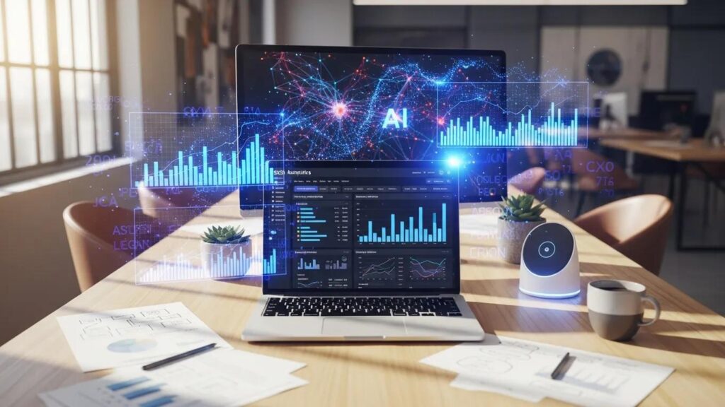 Modern workspace with laptop showing SEO analytics and AI technology elements