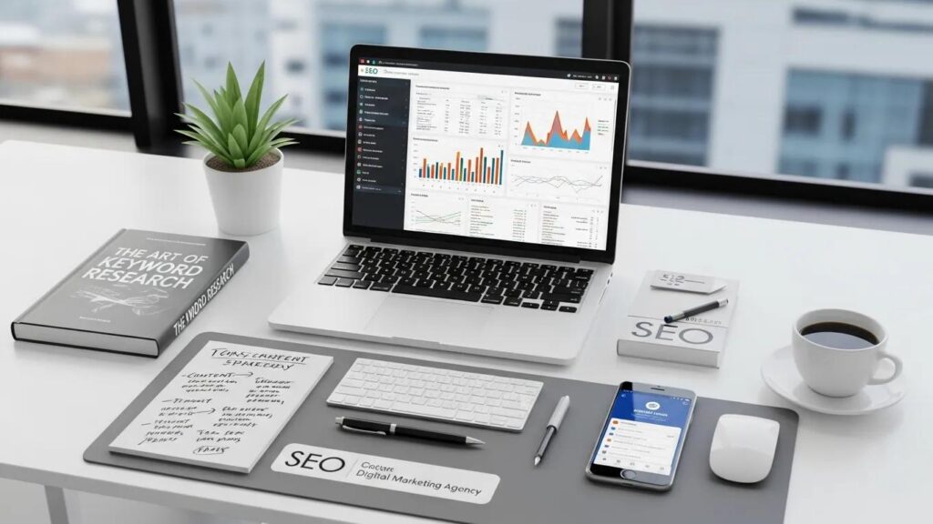 Modern workspace with laptop showing SEO analytics and keyword research tools
