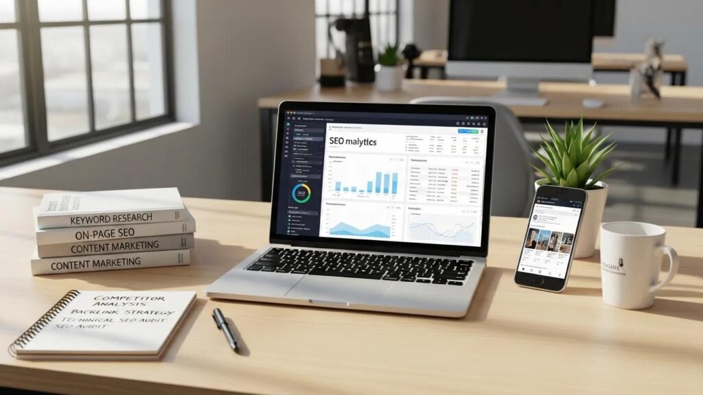 Modern workspace with laptop showing SEO analytics and marketing tools