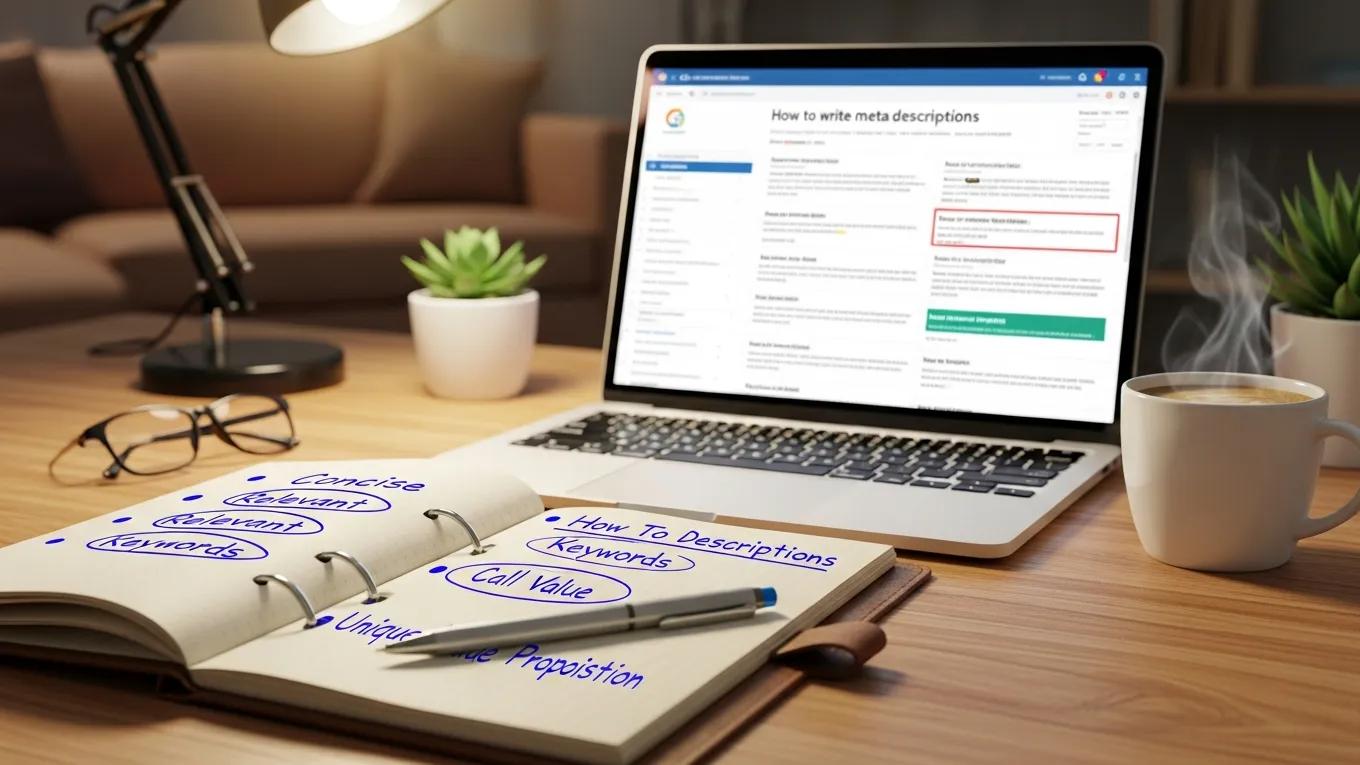 Notepad with handwritten notes on meta descriptions and a laptop showing search results, illustrating best practices for SEO