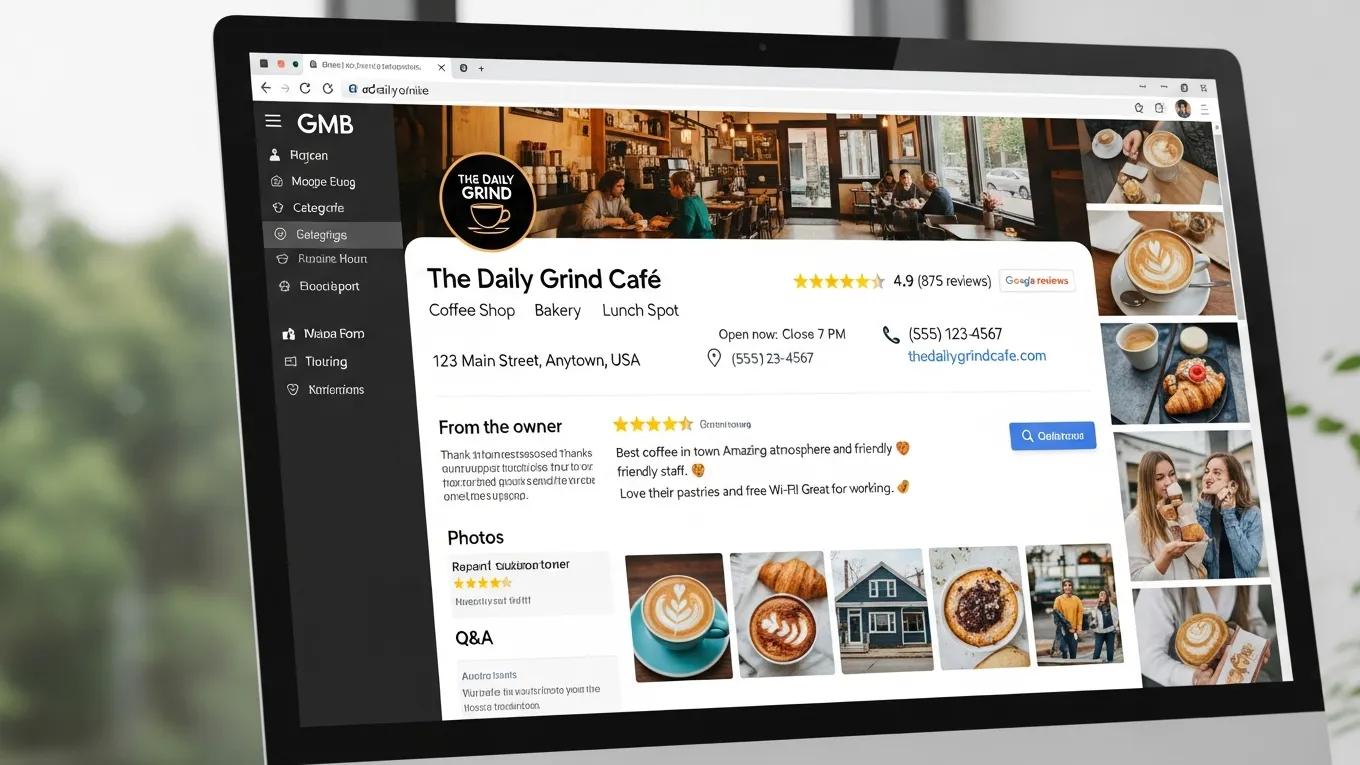Optimized Google My Business profile on a computer screen, showcasing business information and reviews