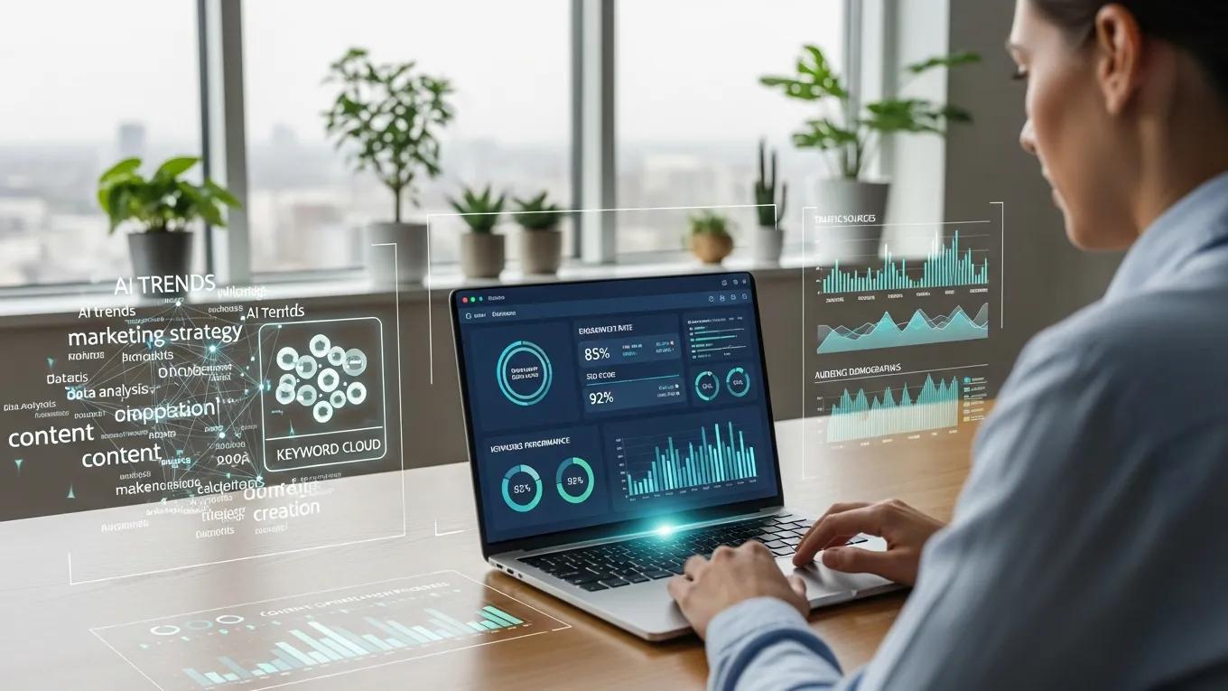 Person analyzing data on a laptop with visual representations of keywords and analytics