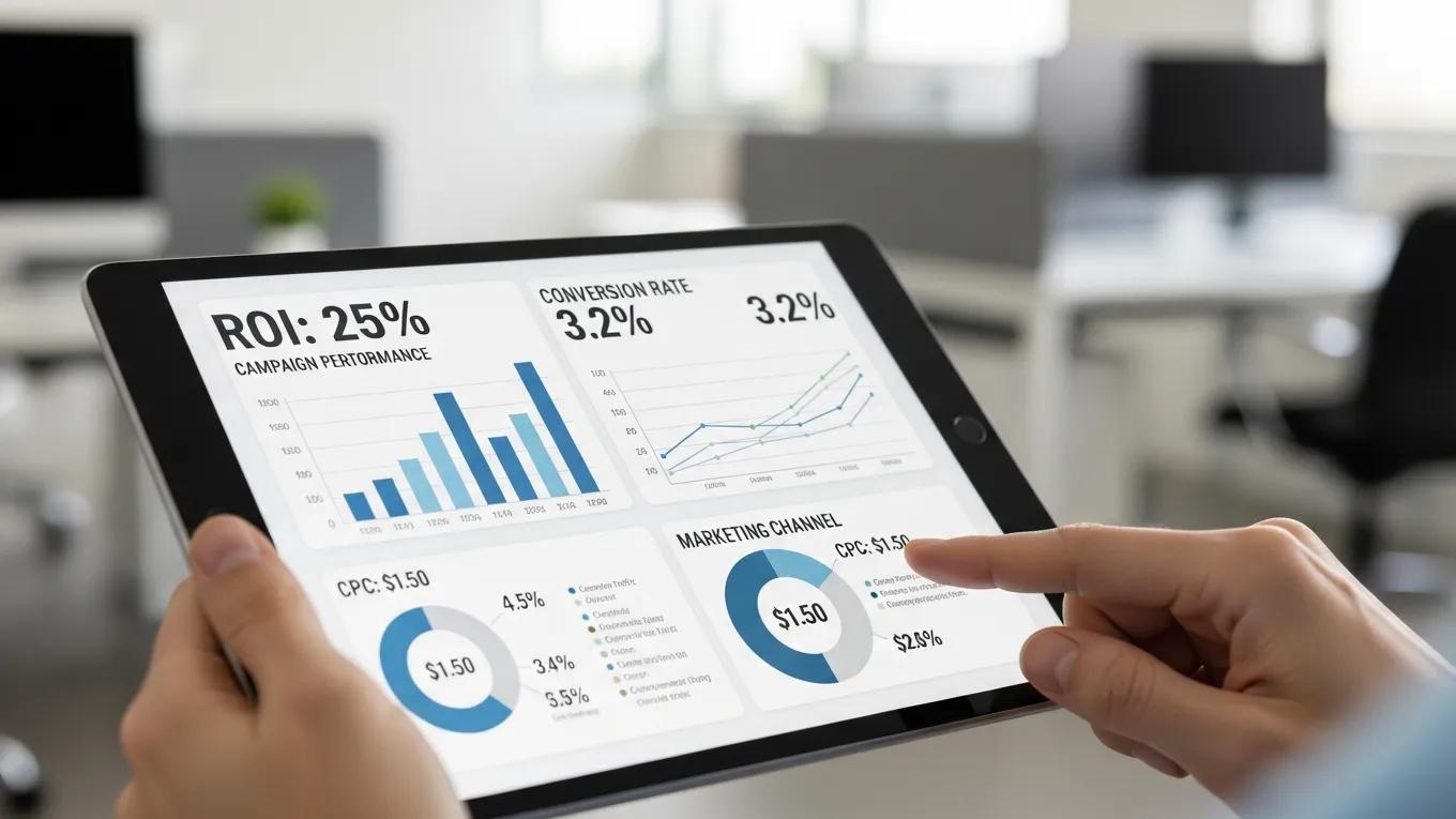 Person analyzing data on a tablet to measure ROI of AI-driven link building campaigns