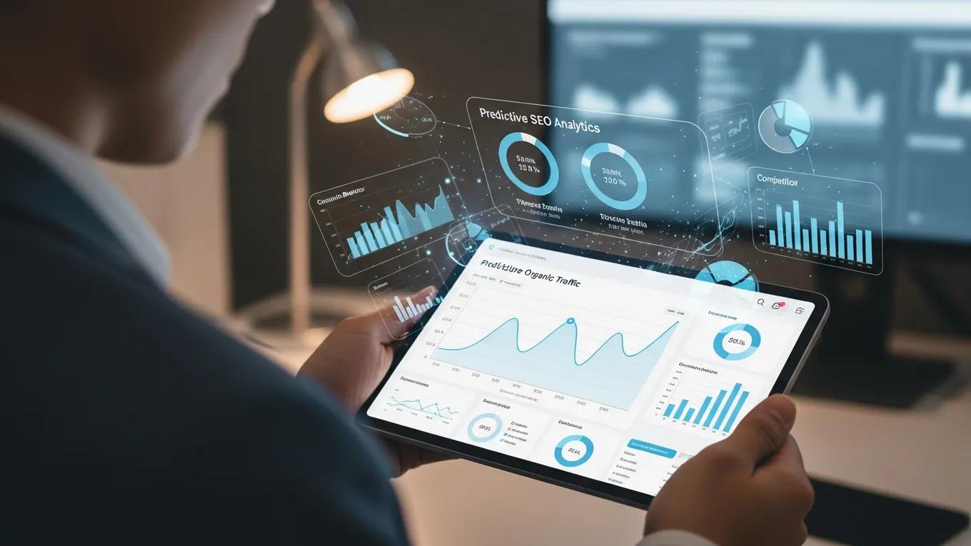 Person reviewing predictive SEO analytics on a tablet in a professional setting