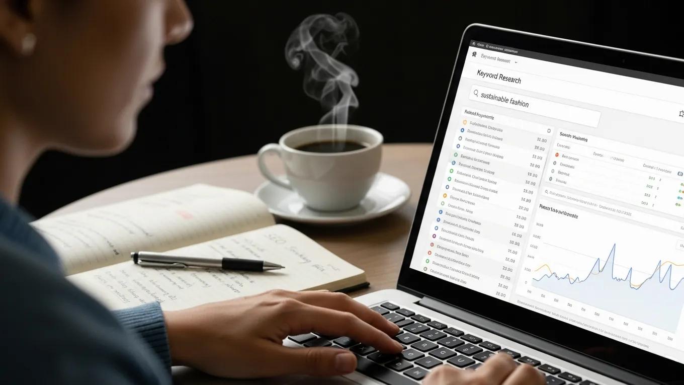 Person using a laptop for keyword research with notes and coffee in the background