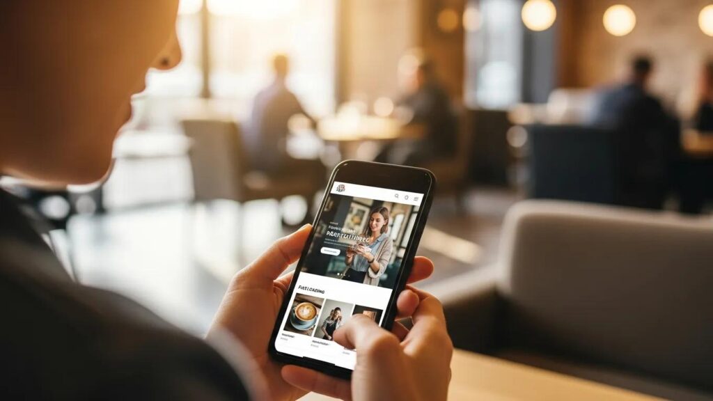 Person using a smartphone in a café, illustrating mobile site speed and user experience