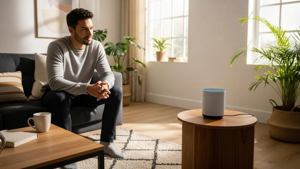 Person using a voice-activated device in a modern home, illustrating voice search optimization