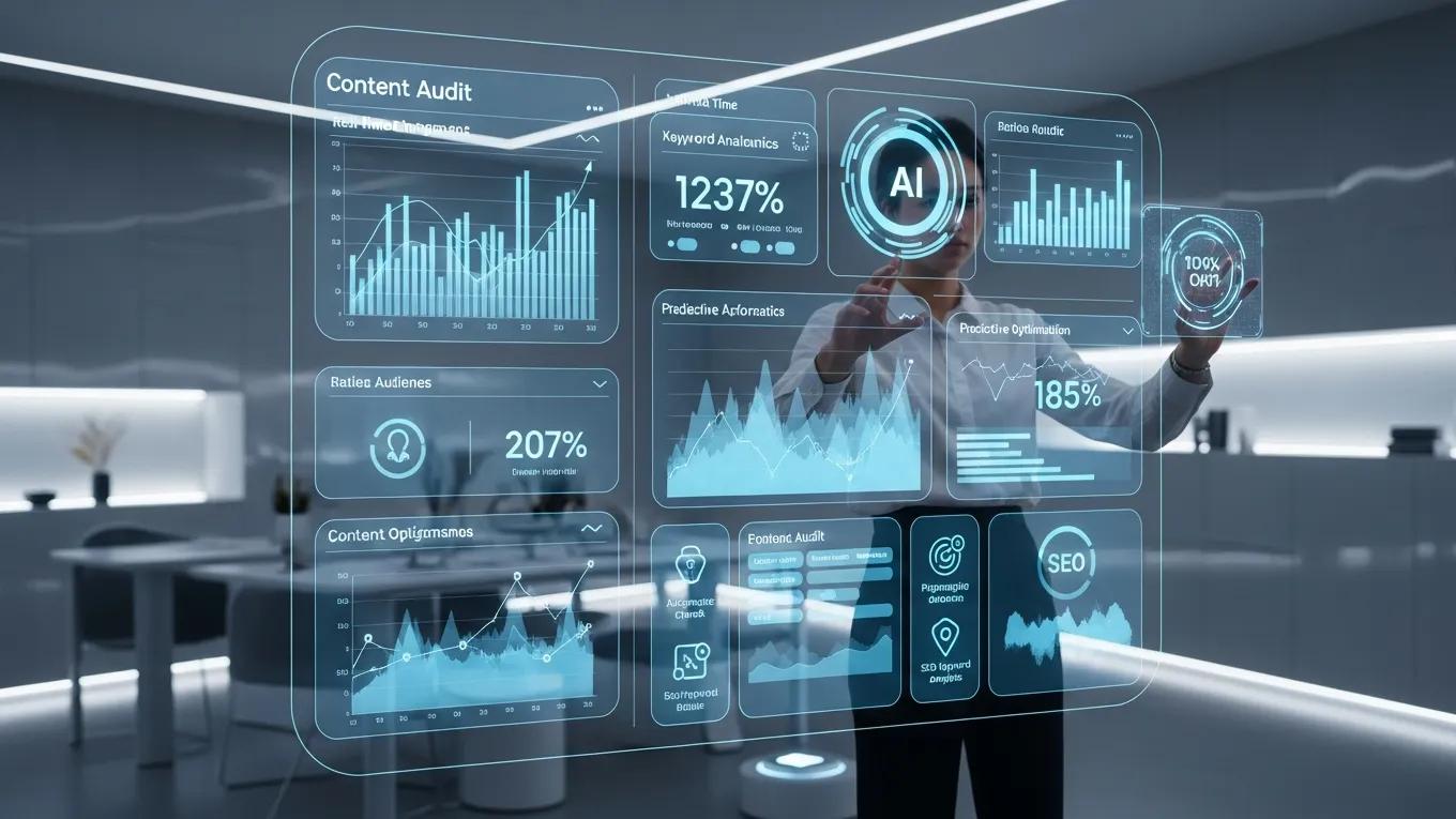 Person using AI interface for content optimization and data analytics in a modern workspace
