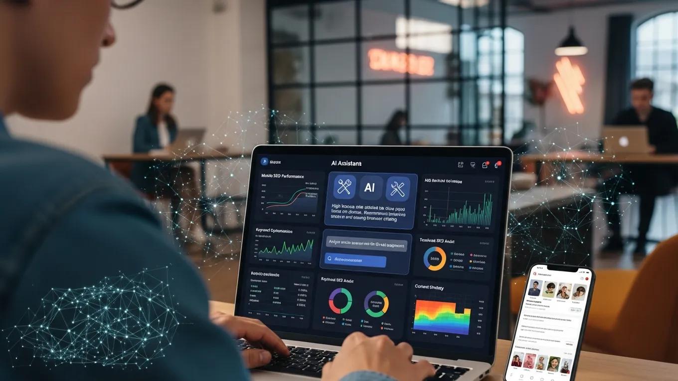 Person using AI interface on a laptop, representing the integration of AI in mobile SEO strategies