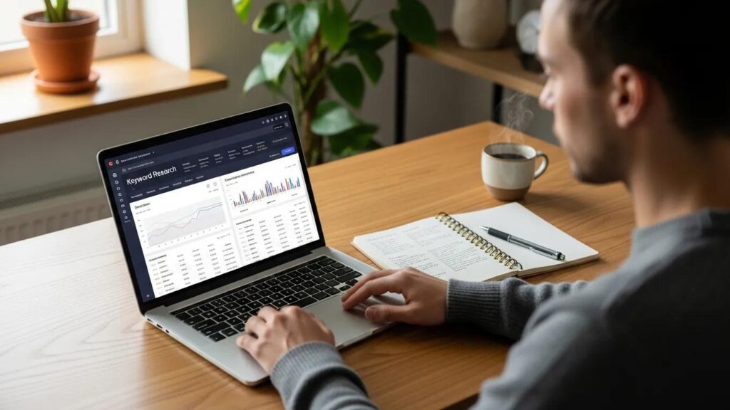 Person using keyword research software on a laptop in a modern workspace
