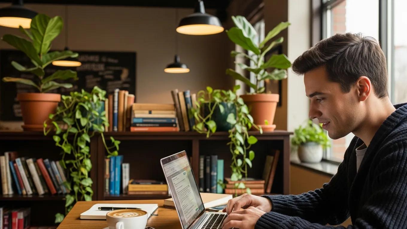 Person writing a guest post in a coffee shop, symbolizing collaboration and creativity