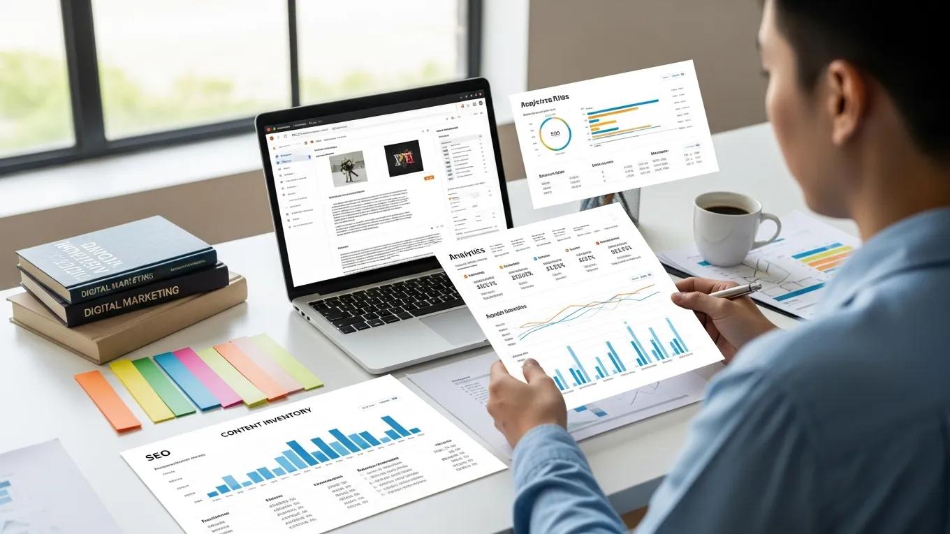 Professional reviewing digital content and analytics for content audits in a bright workspace