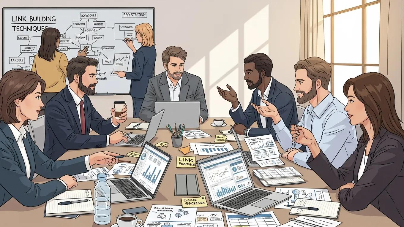 Professionals collaborating on digital marketing strategies for effective link building
