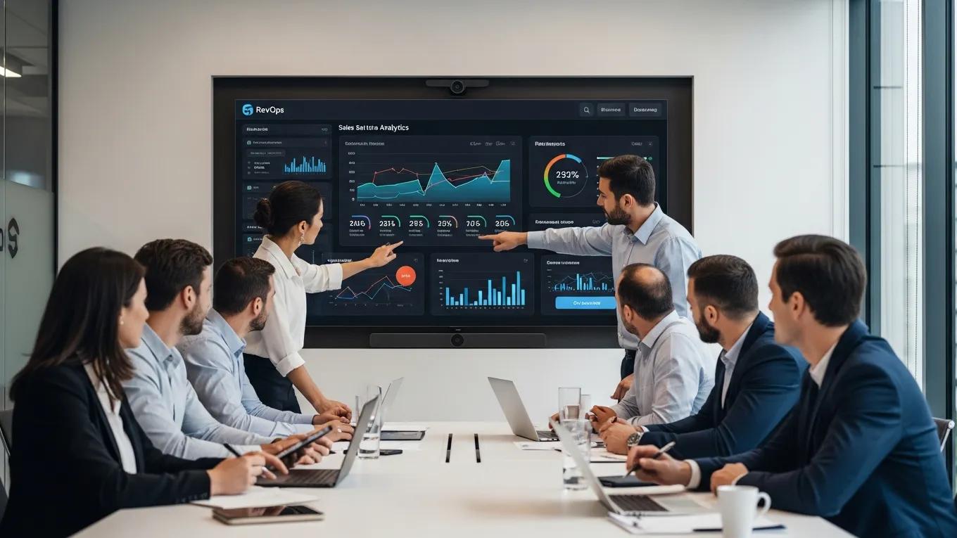 Sales team reviewing real-time pipeline data and AI analytics to improve performance with RevOps software