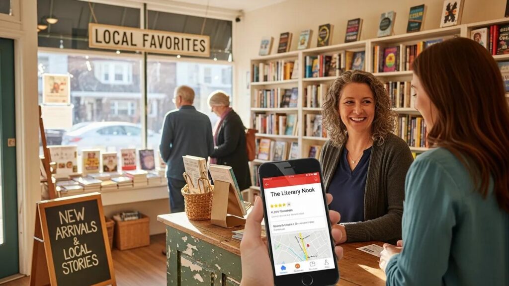 Small business owner engaging with customers, highlighting local SEO strategies