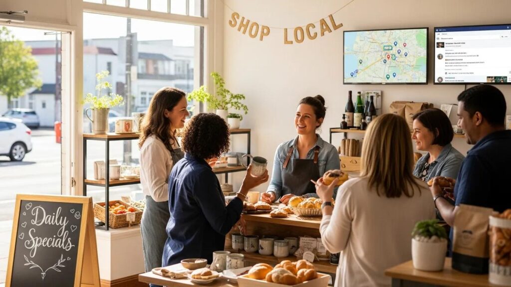 Small business owner engaging with customers in a local shop, emphasizing local SEO and customer interaction