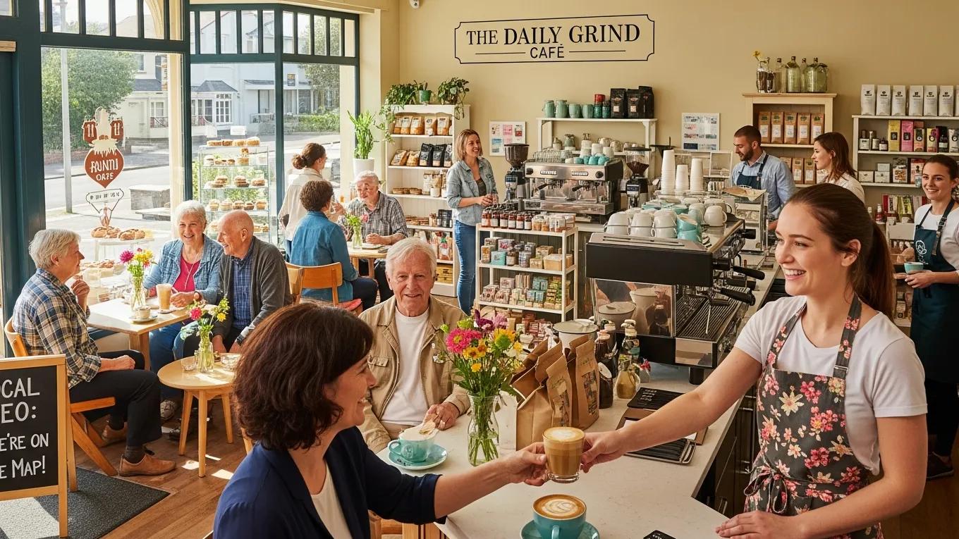 Smartphone showing positive customer reviews in a cozy café environment