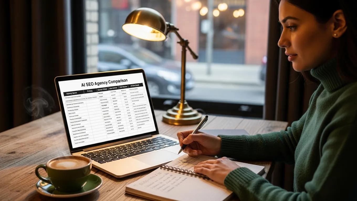 Small business owner evaluating AI SEO agencies with a laptop and notes