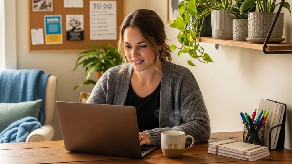 Small business owner optimizing local SEO content in a cozy office