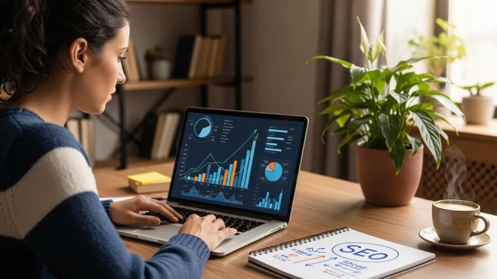 Small business owner reviewing SEO strategies in a cozy office environment